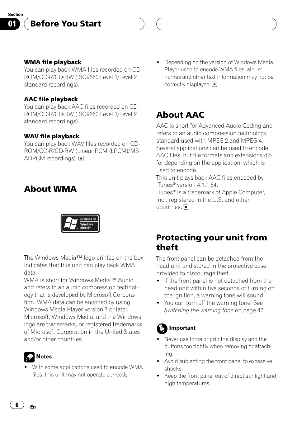 About wma, About aac, Protectingyour unit from theft | Before you start | Pioneer DEH-P7700MP User Manual | Page 6 / 133