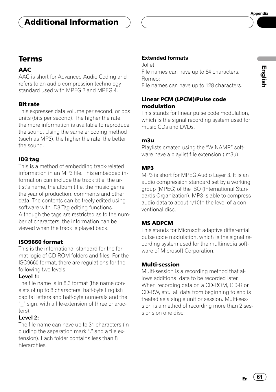 Terms 61, Terms, Additional information | Pioneer DEH-P7700MP User Manual | Page 61 / 133