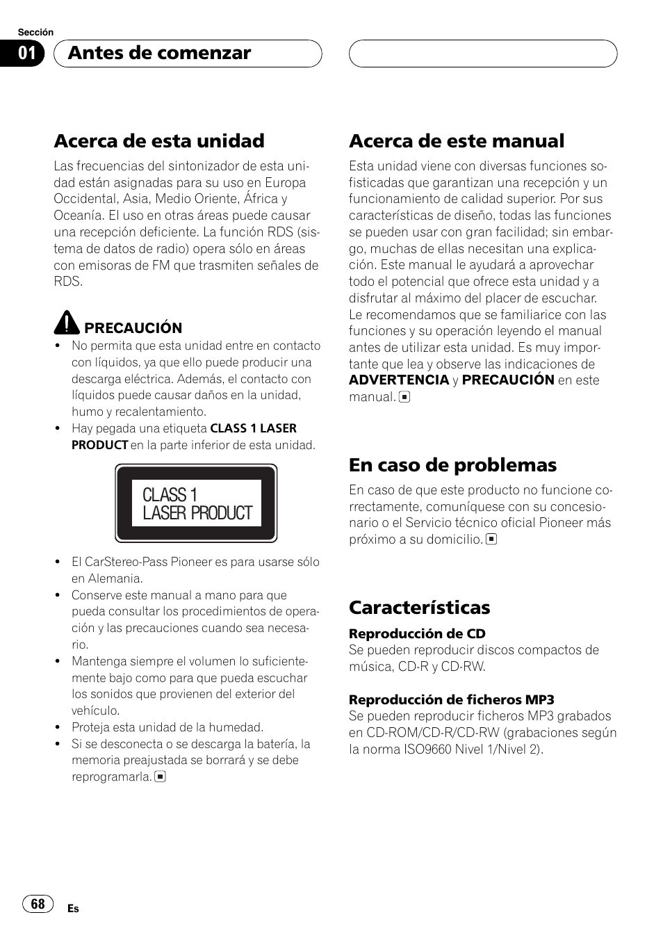 Antes de comenzar acerca de esta unidad 68, Acerca de este manual 68, En caso de problemas 68 | Características 68, Acerca de esta unidad, Acerca de este manual, En caso de problemas, Características, Antes de comenzar, Class 1 laser product | Pioneer DEH-P7700MP User Manual | Page 68 / 133