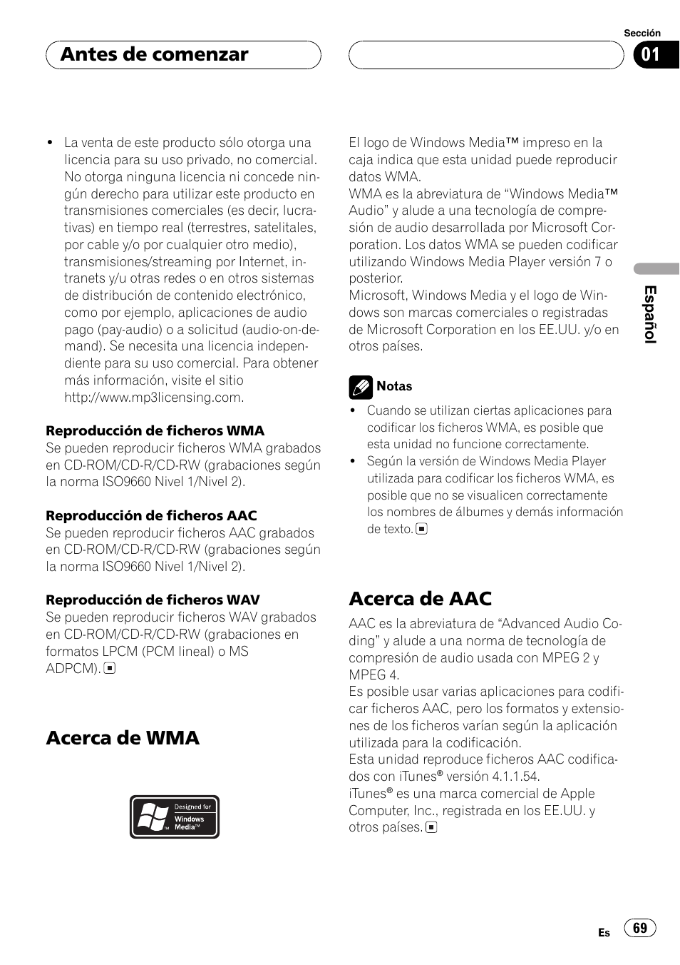 Acerca de wma 69, Acerca de aac 69, Acerca de wma | Acerca de aac, Antes de comenzar | Pioneer DEH-P7700MP User Manual | Page 69 / 133