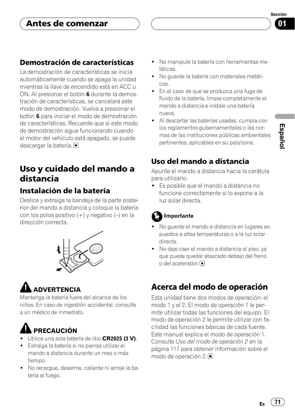 Demostración de características 71, Uso y cuidado del mando a distancia 71, Instalación de la batería 71 | Uso del mando a distancia 71, Acerca del modo de operación 71, Uso y cuidado del mando a distancia, Acerca del modo de operación, Antes de comenzar, Demostración de características, Instalación de la batería | Pioneer DEH-P7700MP User Manual | Page 71 / 133