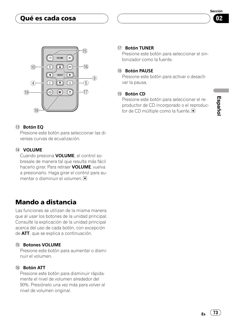 Mando a distancia 73, Mando a distancia, Qué es cada cosa | Pioneer DEH-P7700MP User Manual | Page 73 / 133