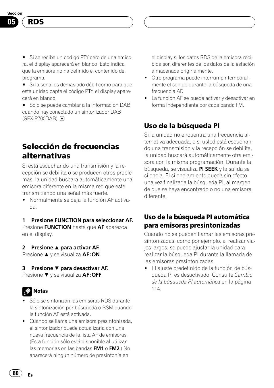 Selección de frecuencias alternativas 80, Uso de la búsqueda pi 80, Uso de la búsqueda pi automática | Para emisoras presintonizadas 80, Selección de frecuencias alternativas, Uso de la búsqueda pi | Pioneer DEH-P7700MP User Manual | Page 80 / 133