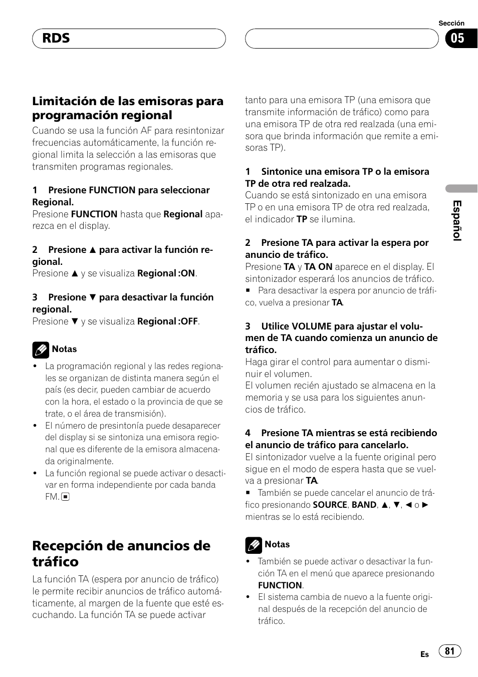 Limitación de las emisoras para, Programación regional 81, Recepción de anuncios de tráfico 81 | Recepción de anuncios de tráfico | Pioneer DEH-P7700MP User Manual | Page 81 / 133