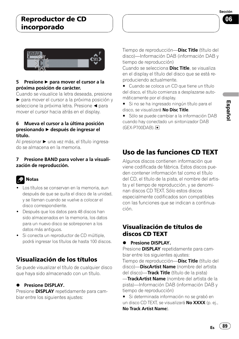 Visualización de los títulos 89, Uso de las funciones cd text 89, Visualización de títulos de discos cd | Text 89, Uso de las funciones cd text, Reproductor de cd incorporado, Visualización de los títulos, Visualización de títulos de discos cd text | Pioneer DEH-P7700MP User Manual | Page 89 / 133