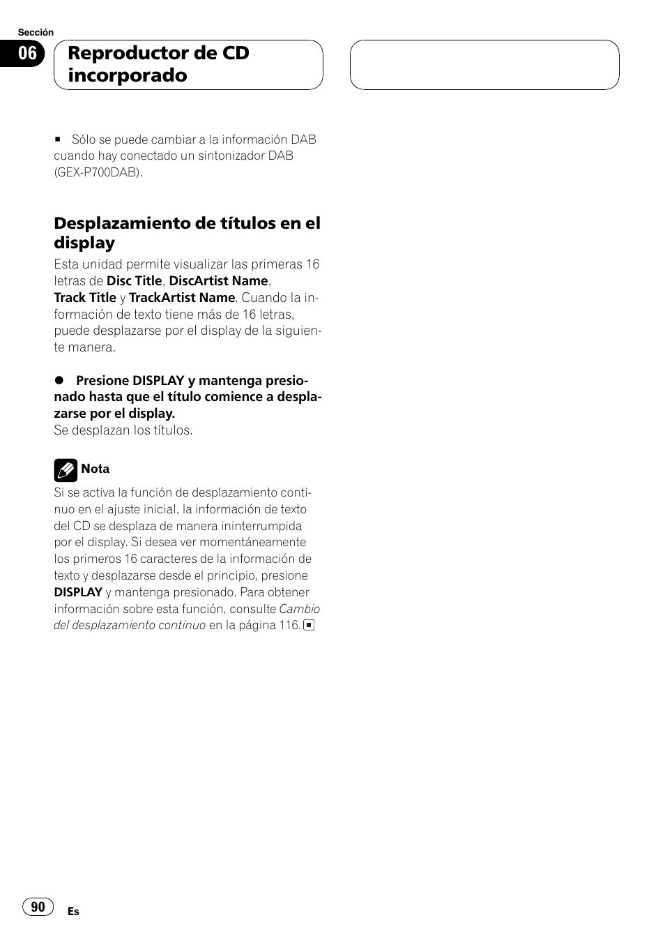 Desplazamiento de títulos en el, Display 90, Reproductor de cd incorporado | Pioneer DEH-P7700MP User Manual | Page 90 / 133