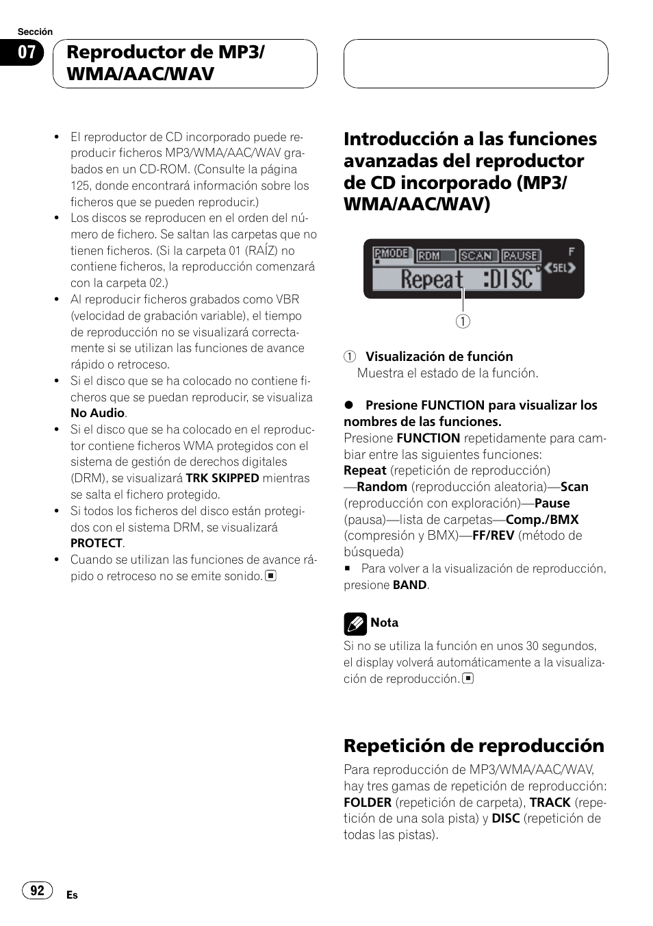 Introducción a las funciones avanzadas del, Reproductor de cd incorporado (mp3, Wma/aac/wav) 92 | Repetición de reproducción 92, Repetición de reproducción, Reproductor de mp3/ wma/aac/wav | Pioneer DEH-P7700MP User Manual | Page 92 / 133