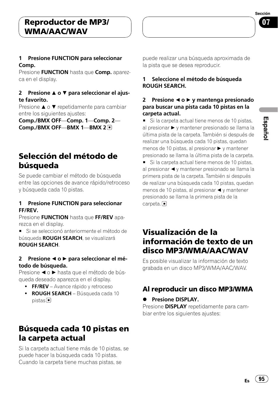 Selección del método de búsqueda 95, Búsqueda cada 10 pistas en la carpeta, Actual 95 | Visualización de la información de texto de, Un disco mp3/wma/aac/wav 95, Al reproducir un disco mp3/wma 95, Selección del método de búsqueda, Búsqueda cada 10 pistas en la carpeta actual, Reproductor de mp3/ wma/aac/wav | Pioneer DEH-P7700MP User Manual | Page 95 / 133
