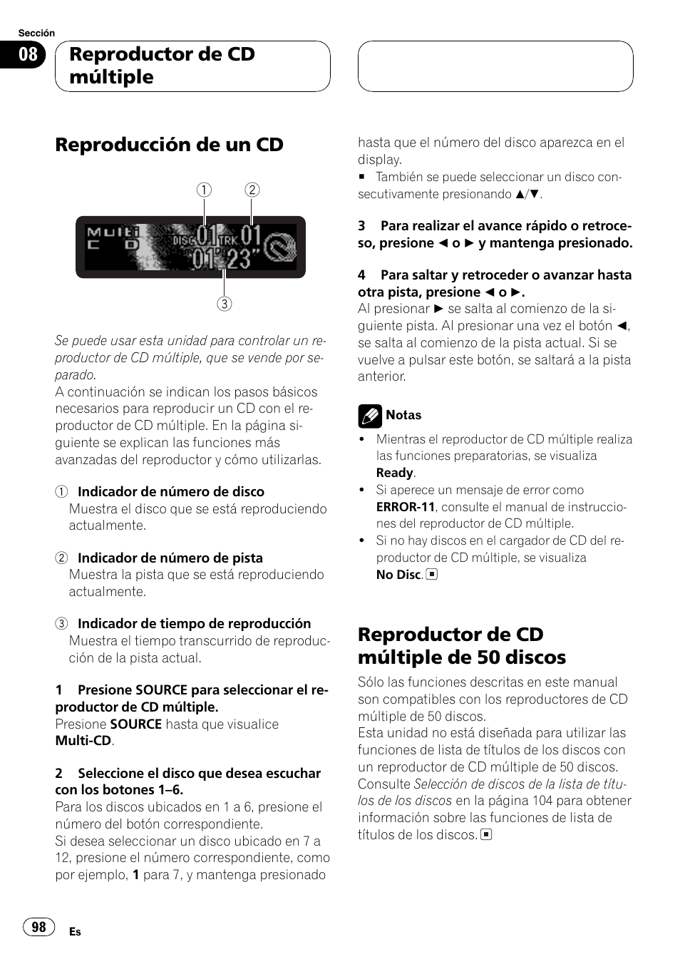 Reproductor de cd múltiple, Reproducción de un cd 98, Reproductor de cd múltiple de 50 | Discos 98, Reproducción de un cd, Reproductor de cd múltiple de 50 discos | Pioneer DEH-P7700MP User Manual | Page 98 / 133