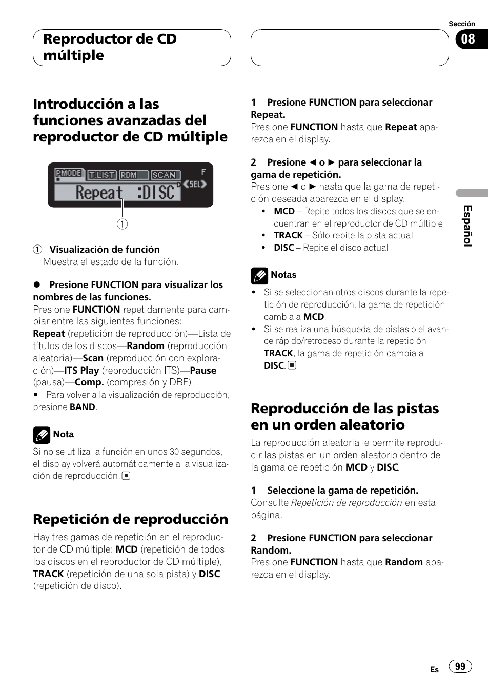 Introducción a las funciones avanzadas del, Reproductor de cd múltiple 99, Repetición de reproducción 99 | Reproducción de las pistas en un orden, Aleatorio 99, Guiente, Repetición de reproducción, Reproducción de las pistas en un orden aleatorio, Reproductor de cd múltiple | Pioneer DEH-P7700MP User Manual | Page 99 / 133