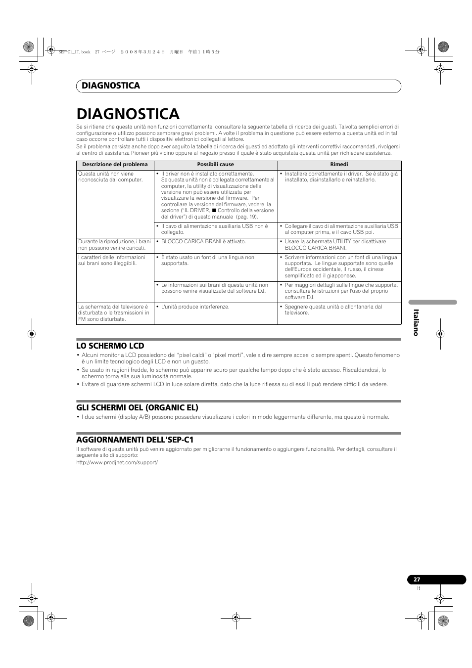 Diagnostica, Lo schermo lcd, Gli schermi oel (organic el) | Aggiornamenti dell'sep-c1 | Pioneer SEP-C1 User Manual | Page 105 / 241