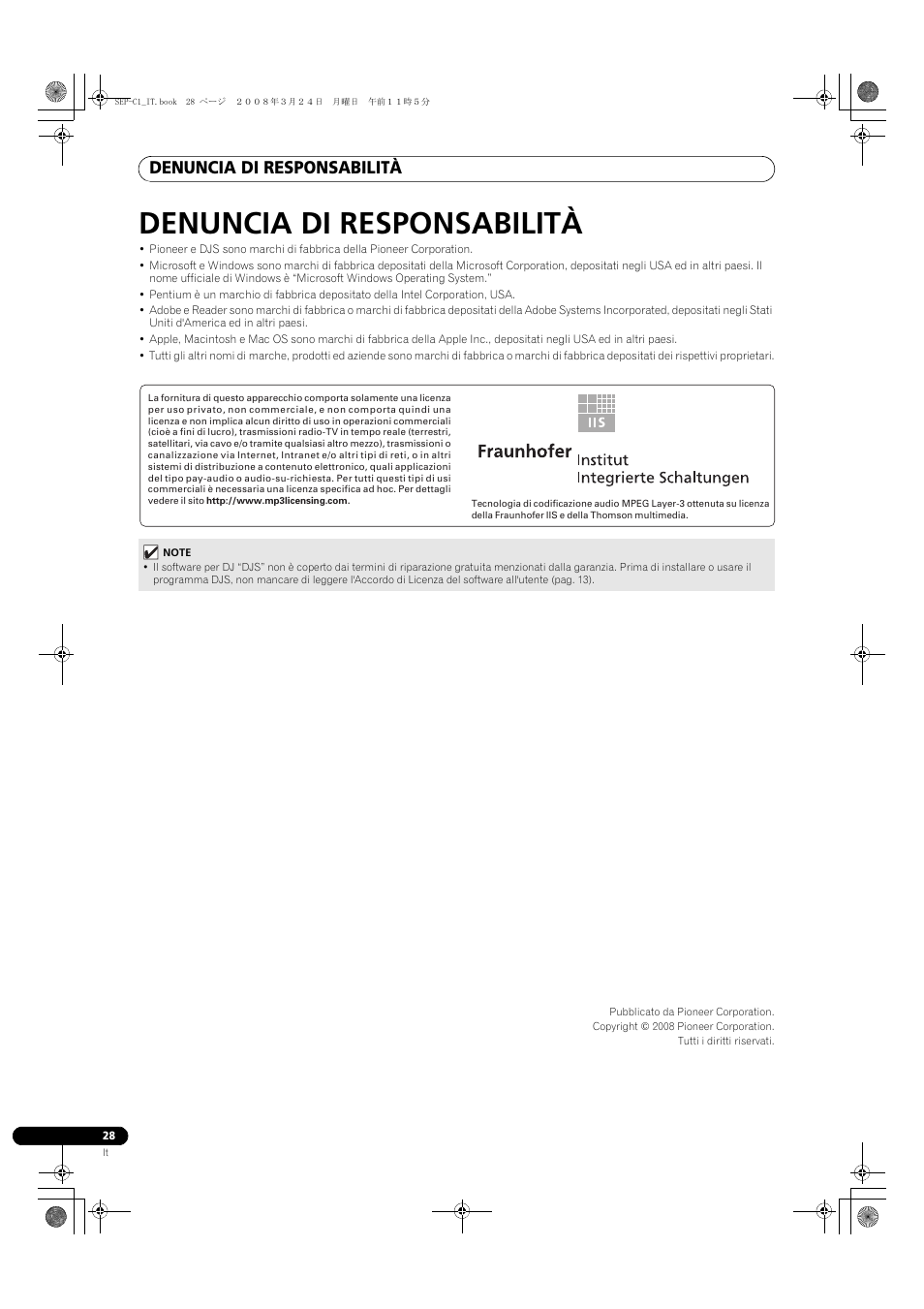 Denuncia di responsabilità | Pioneer SEP-C1 User Manual | Page 106 / 241