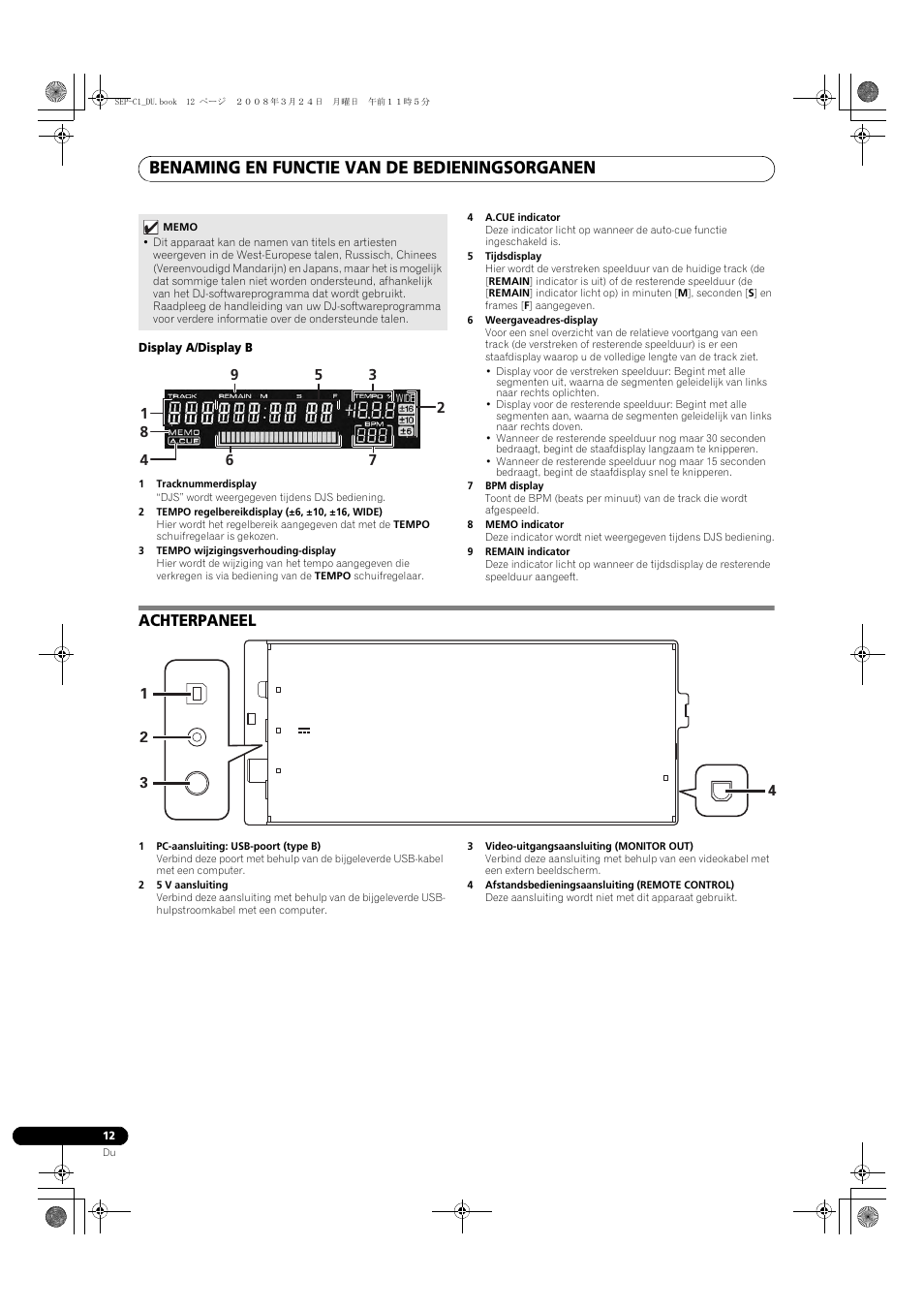 Achterpaneel, Benaming en functie van de bedieningsorganen | Pioneer SEP-C1 User Manual | Page 116 / 241