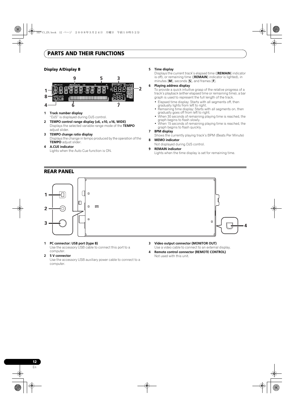 Rear panel, Parts and their functions | Pioneer SEP-C1 User Manual | Page 12 / 241