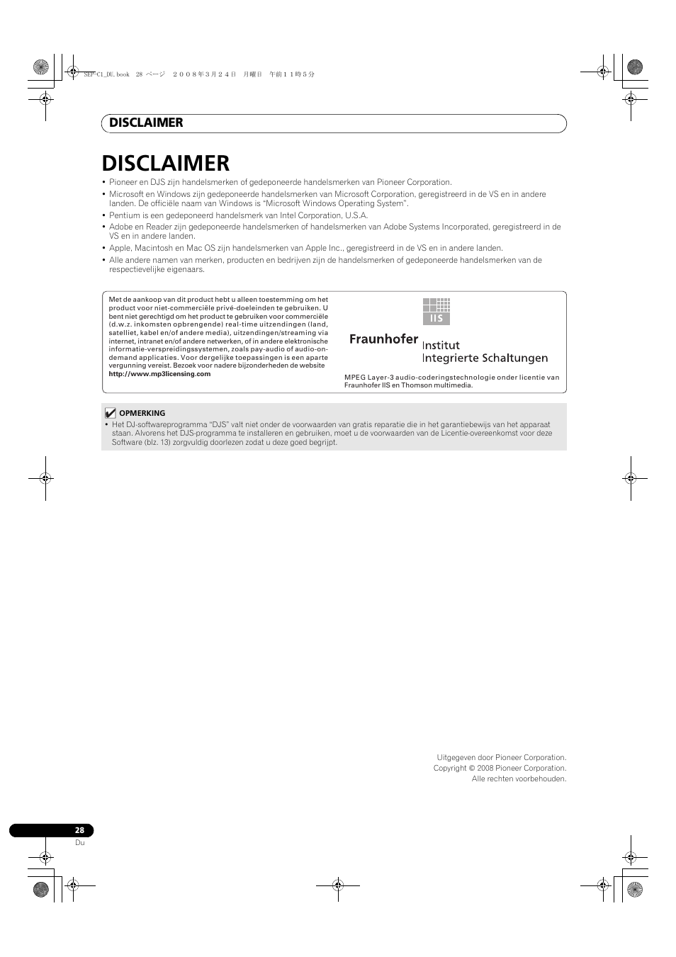 Disclaimer | Pioneer SEP-C1 User Manual | Page 132 / 241