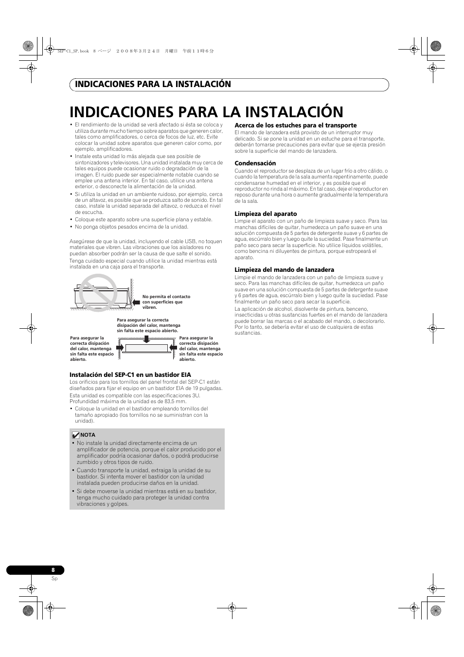 Indicaciones para la instalación | Pioneer SEP-C1 User Manual | Page 138 / 241