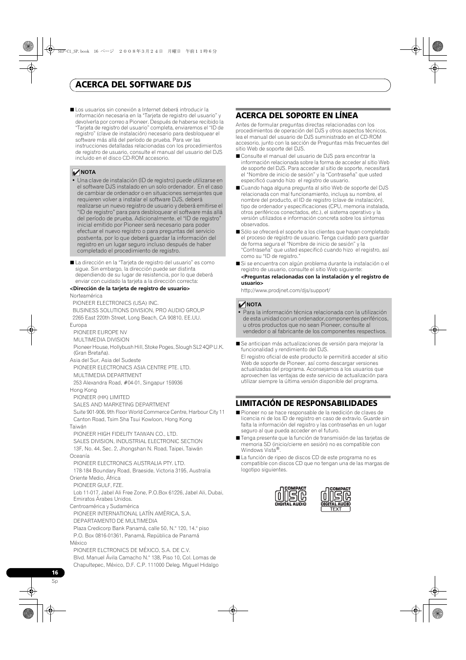 Acerca del software djs, Acerca del soporte en línea, Limitación de responsabilidades | Pioneer SEP-C1 User Manual | Page 146 / 241