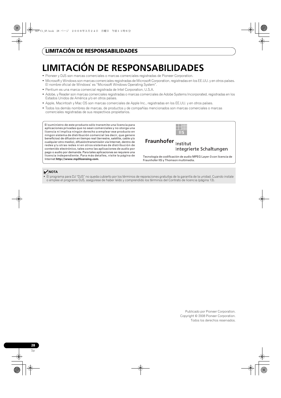 Limitación de responsabilidades | Pioneer SEP-C1 User Manual | Page 158 / 241