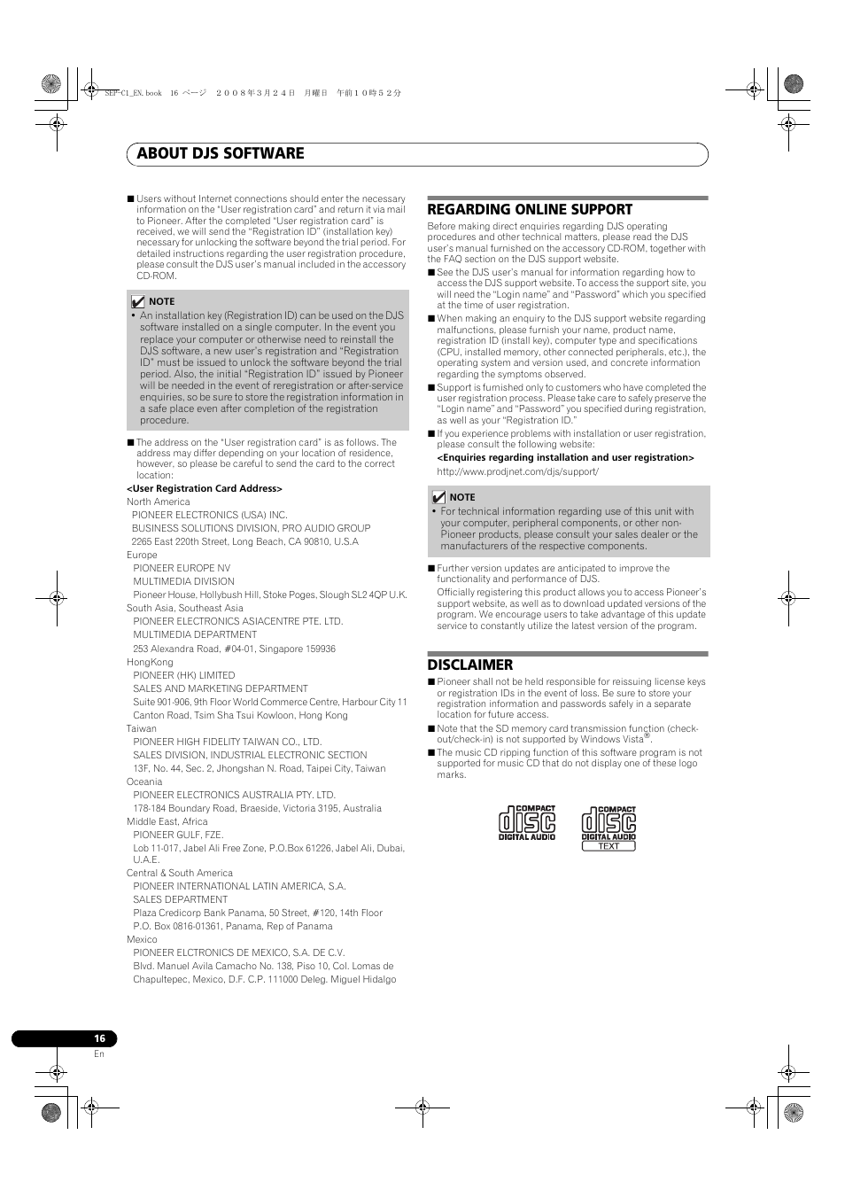 Regarding online support disclaimer, About djs software, Regarding online support | Disclaimer | Pioneer SEP-C1 User Manual | Page 16 / 241