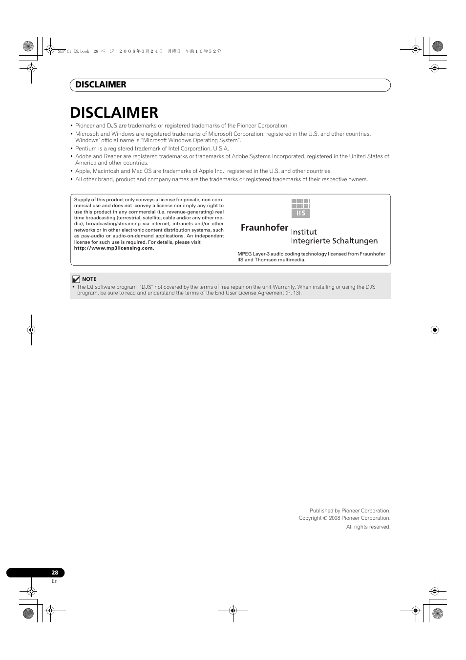 Disclaimer | Pioneer SEP-C1 User Manual | Page 28 / 241