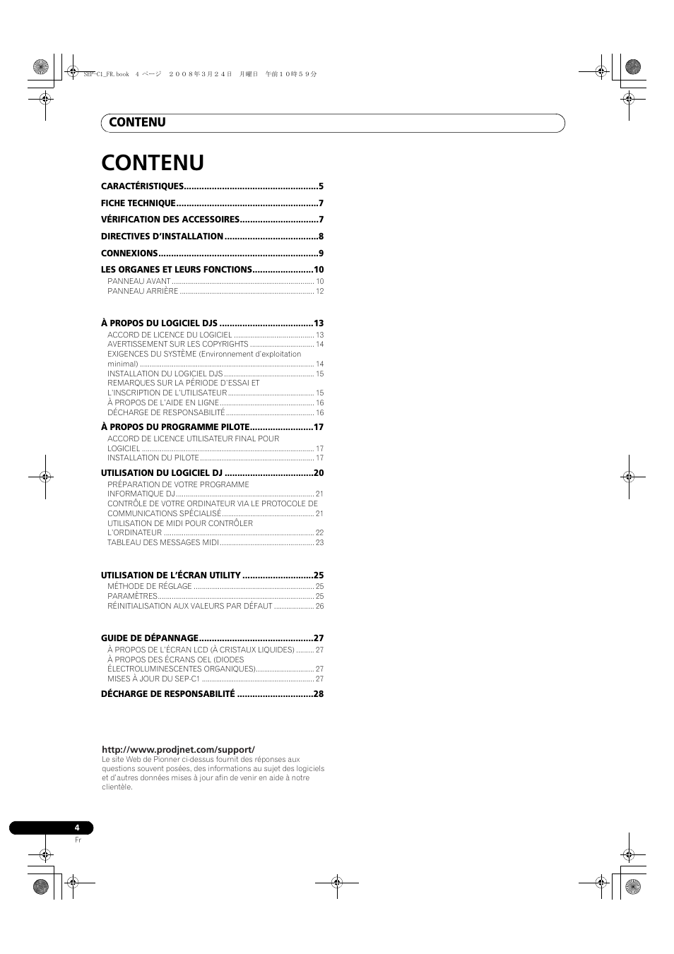 Contrôleur pour logiciel de mix dj, Mode d’emploi, Contenu | Pioneer SEP-C1 User Manual | Page 30 / 241