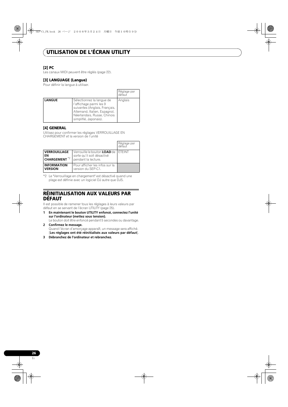 Réinitialisation aux valeurs par défaut, Utilisation de l’écran utility | Pioneer SEP-C1 User Manual | Page 52 / 241