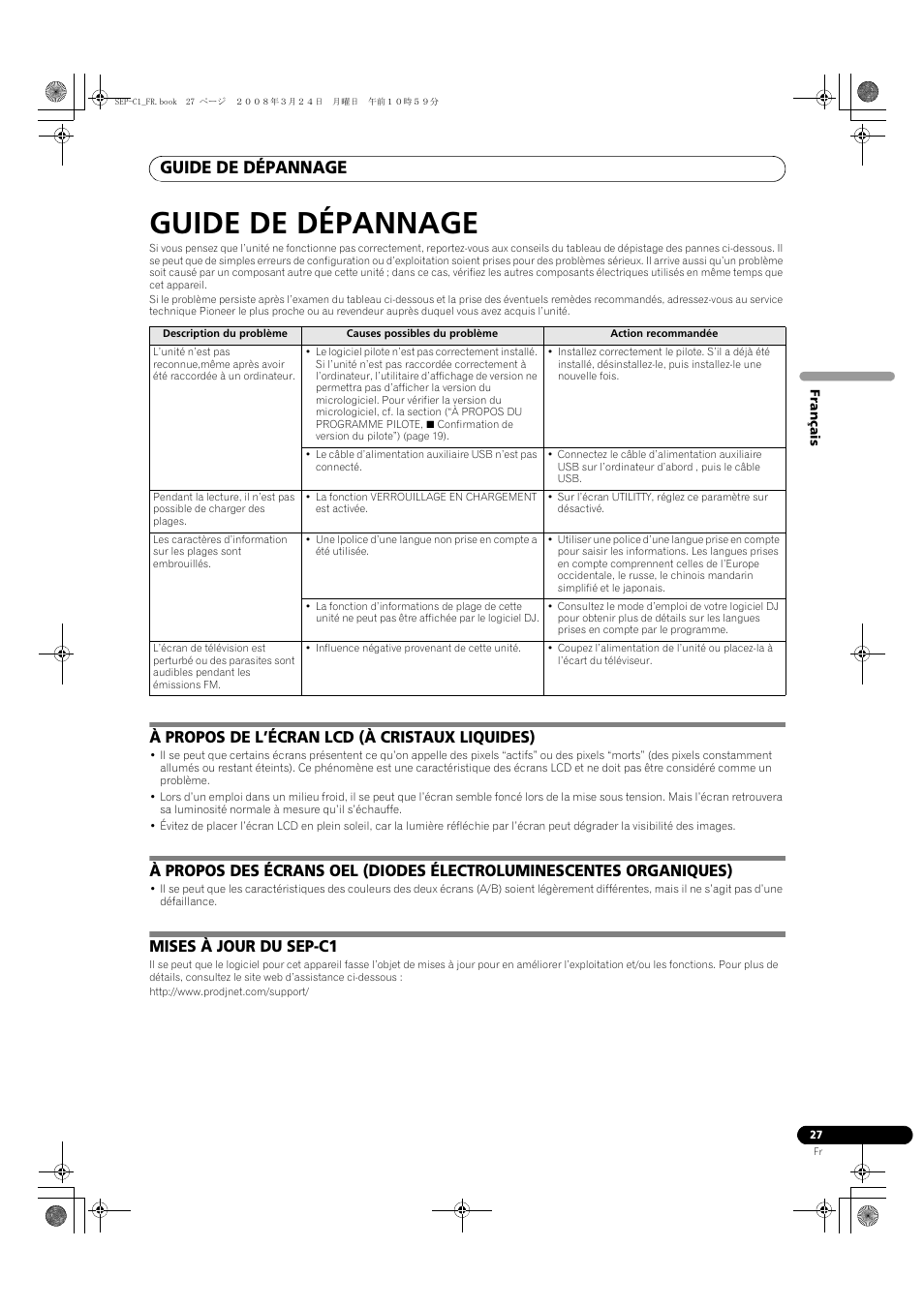 Guide de dépannage, À propos de l’écran lcd (à cristaux liquides), Mises à jour du sep-c1 | Pioneer SEP-C1 User Manual | Page 53 / 241