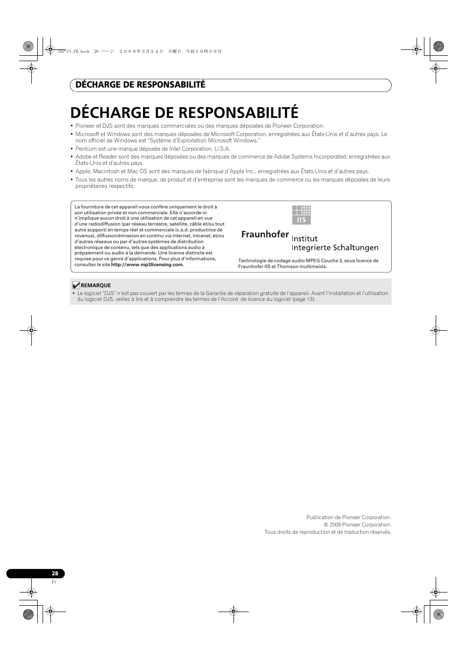 Décharge de responsabilité | Pioneer SEP-C1 User Manual | Page 54 / 241