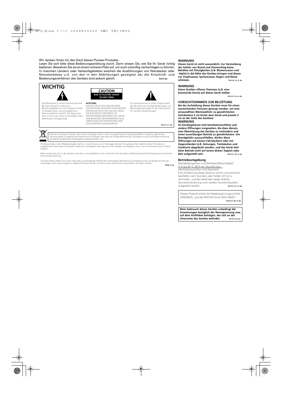 Wichtig, Caution | Pioneer SEP-C1 User Manual | Page 55 / 241