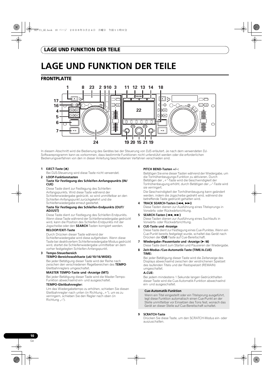 Lage und funktion der teile, Frontplatte | Pioneer SEP-C1 User Manual | Page 62 / 241