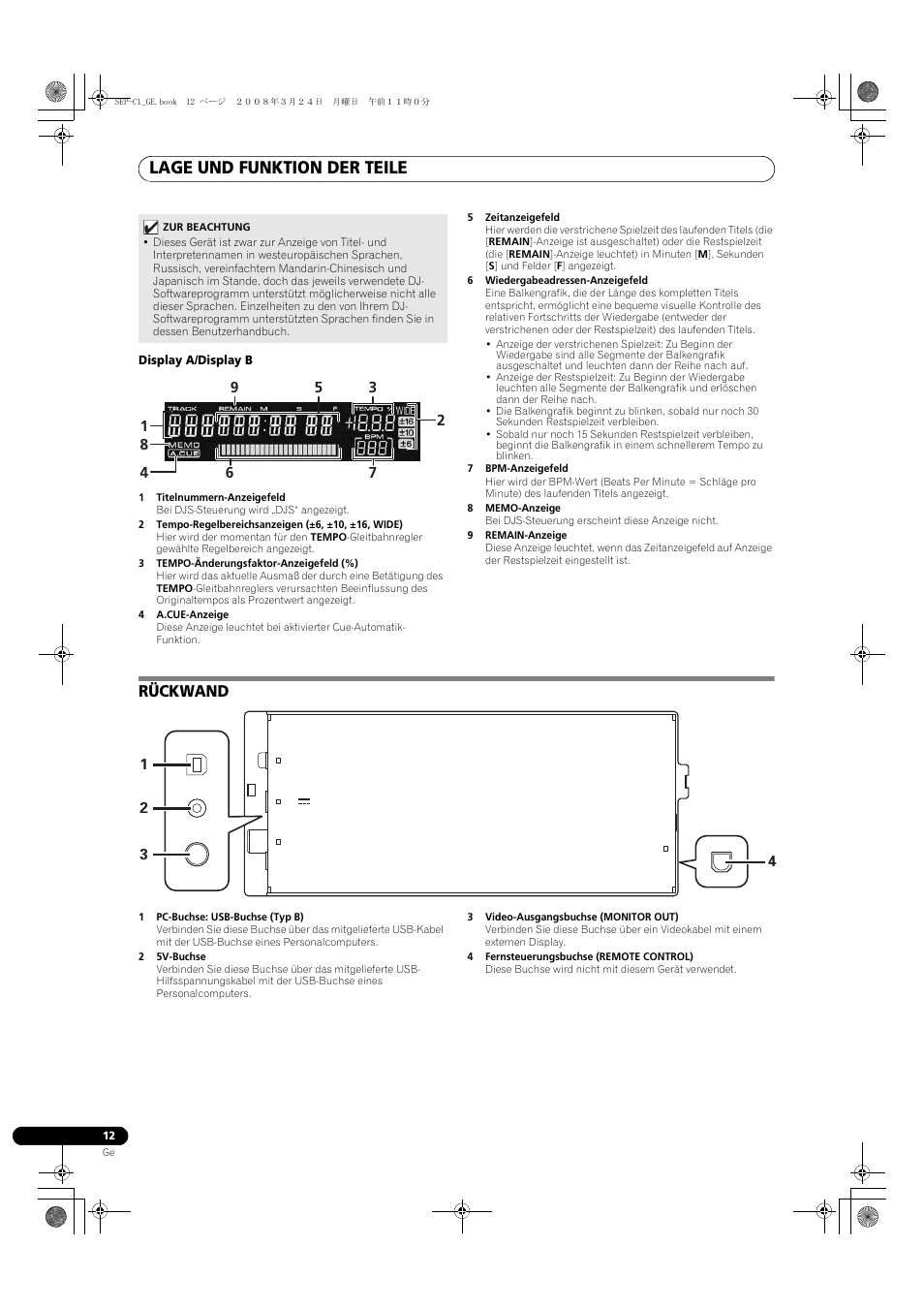 Rückwand, Lage und funktion der teile | Pioneer SEP-C1 User Manual | Page 64 / 241