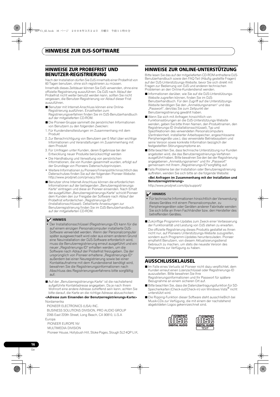 Hinweise zur djs-software, Hinweise zur probefrist und benutzer-registrierung, Hinweise zur online-unterstützung | Ausschlussklausel | Pioneer SEP-C1 User Manual | Page 68 / 241