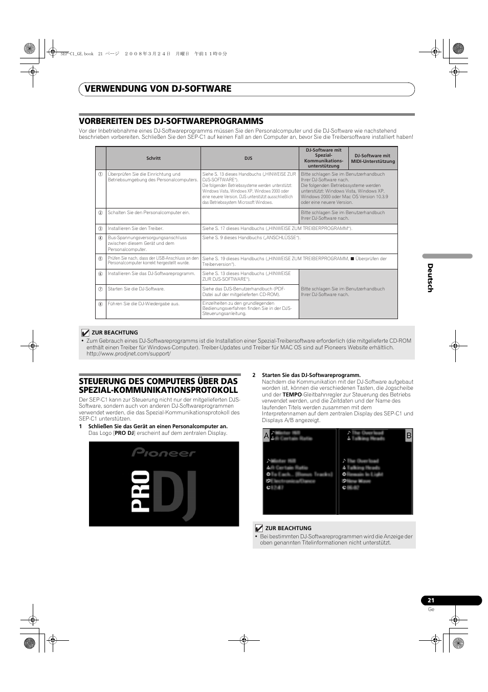 Verwendung von dj-software, Vorbereiten des dj-softwareprogramms | Pioneer SEP-C1 User Manual | Page 73 / 241