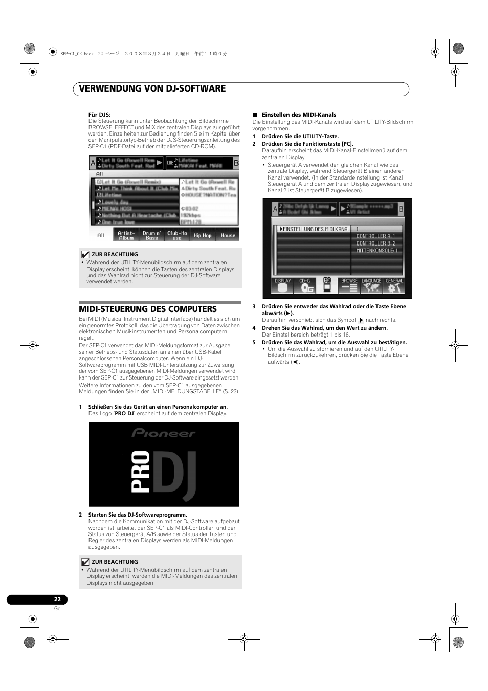 Midi-steuerung des computers, Verwendung von dj-software | Pioneer SEP-C1 User Manual | Page 74 / 241