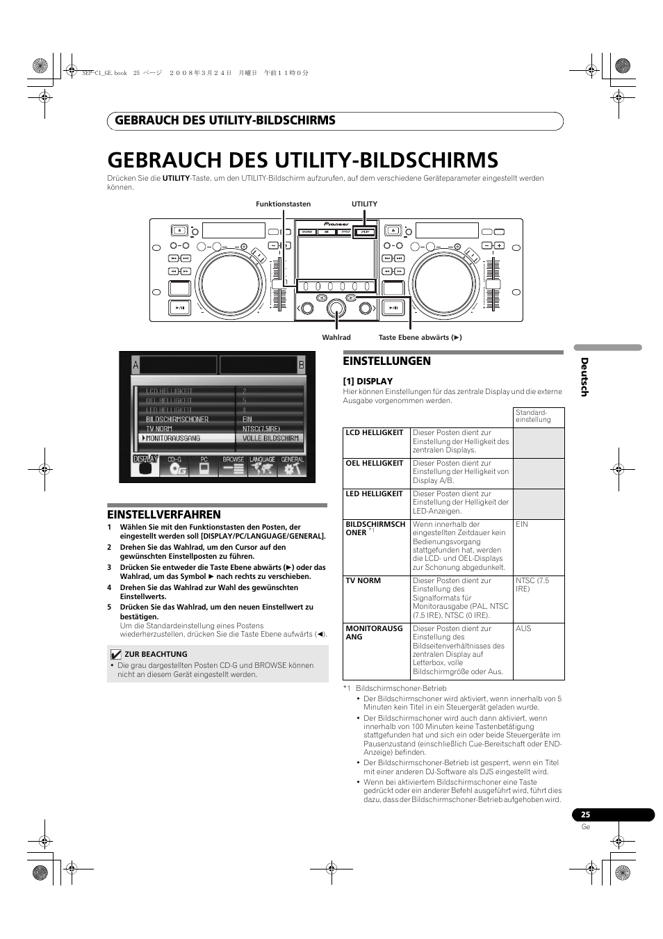 Gebrauch des utility-bildschirms, Einstellverfahren einstellungen, Einstellverfahren | Einstellungen | Pioneer SEP-C1 User Manual | Page 77 / 241