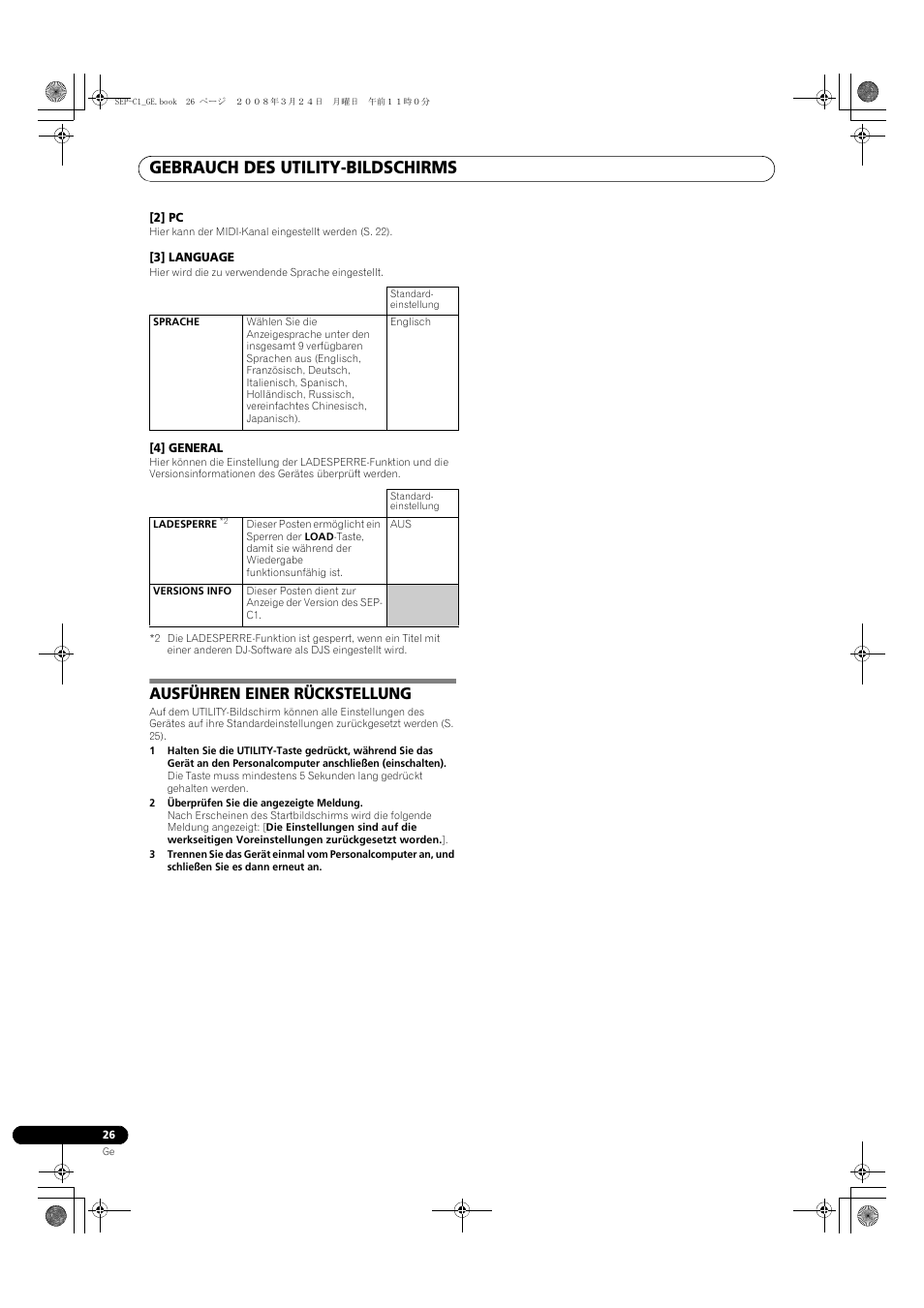 Ausführen einer rückstellung, Gebrauch des utility-bildschirms | Pioneer SEP-C1 User Manual | Page 78 / 241