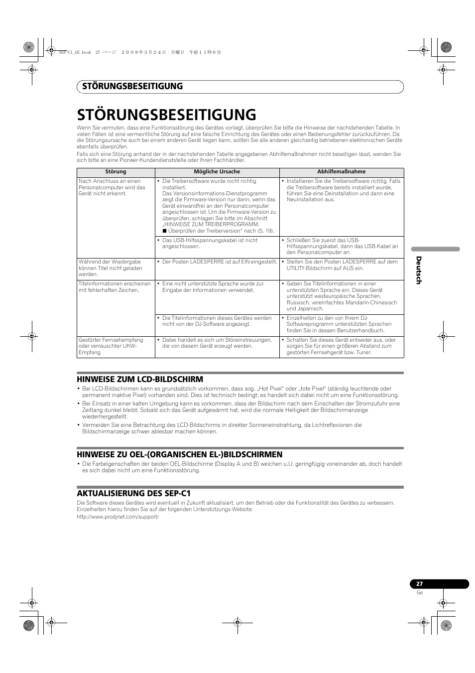 Störungsbeseitigung, Hinweise zum lcd-bildschirm, Hinweise zu oel-(organischen el-)bildschirmen | Aktualisierung des sep-c1 | Pioneer SEP-C1 User Manual | Page 79 / 241