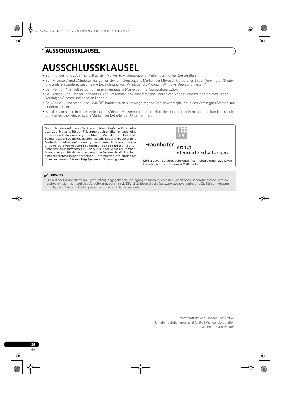 Ausschlussklausel | Pioneer SEP-C1 User Manual | Page 80 / 241
