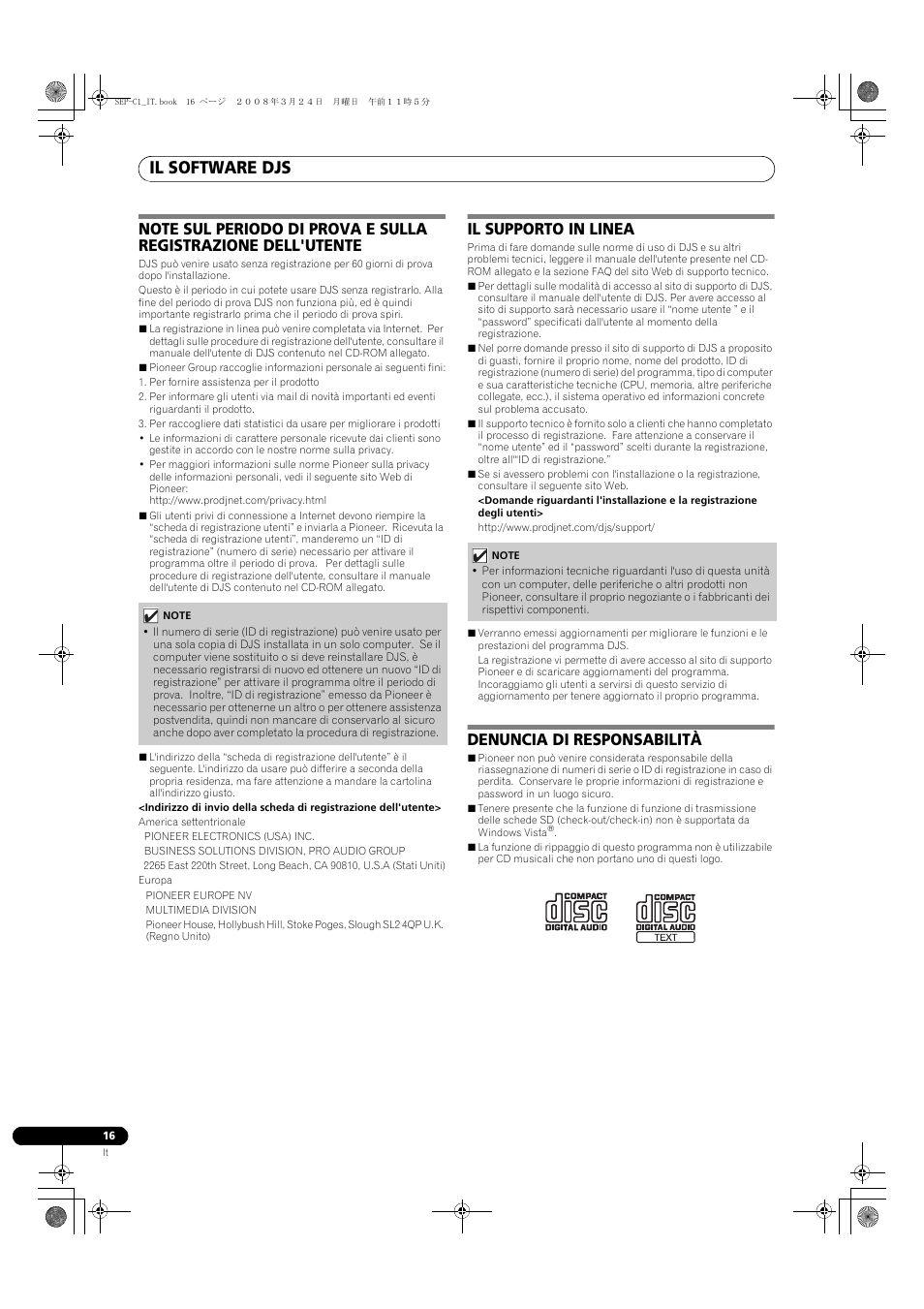 Il software djs, Il supporto in linea, Denuncia di responsabilità | Pioneer SEP-C1 User Manual | Page 94 / 241