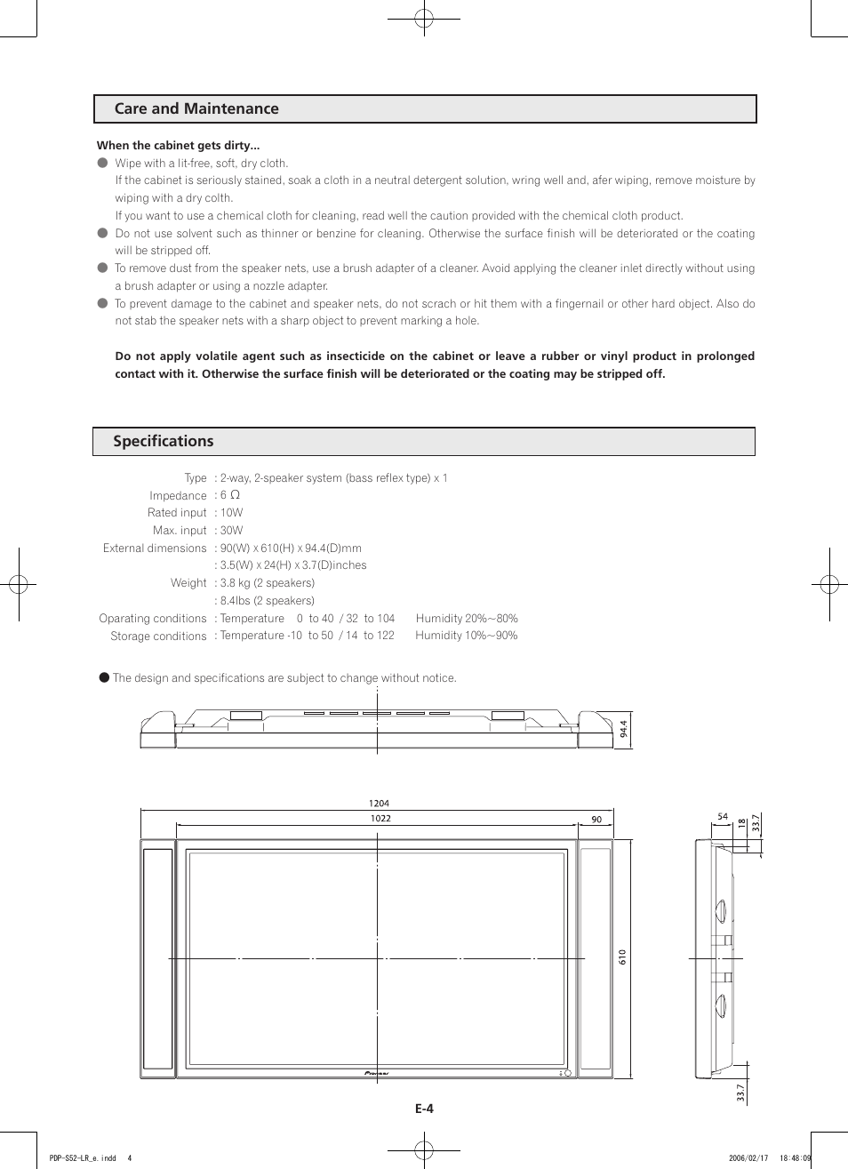 Care and maintenance specifications | Pioneer PDP-S44-LR User Manual | Page 10 / 31