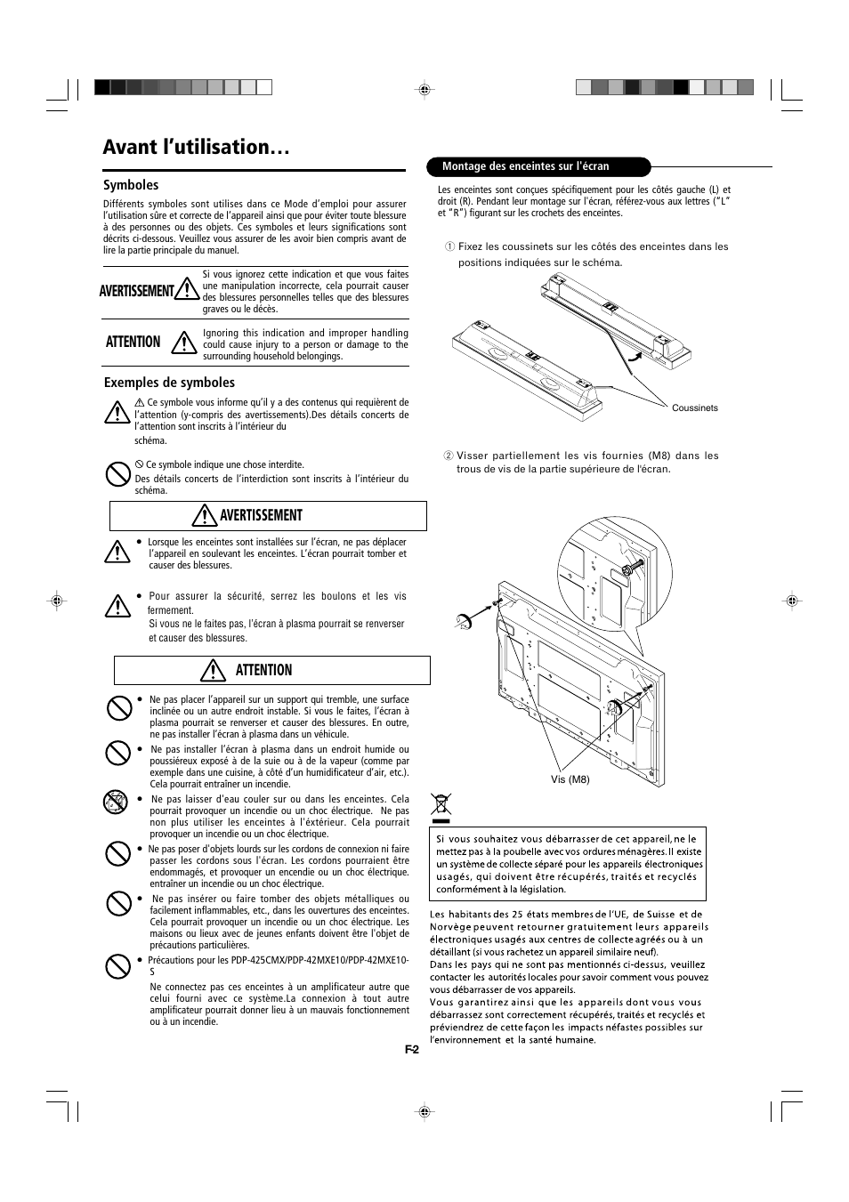 Avant l’utilisation, Avertissement attention avertissement, Attention | Pioneer PDP-S44-LR User Manual | Page 12 / 31