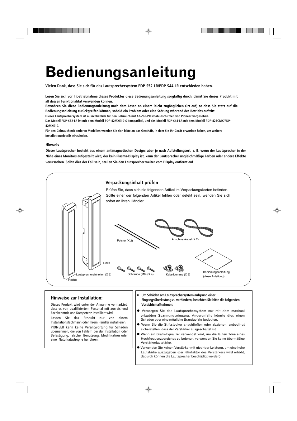 Bedienungsanleitung, Verpackungsinhalt prüfen, Hinweise zur installation | Pioneer PDP-S44-LR User Manual | Page 15 / 31