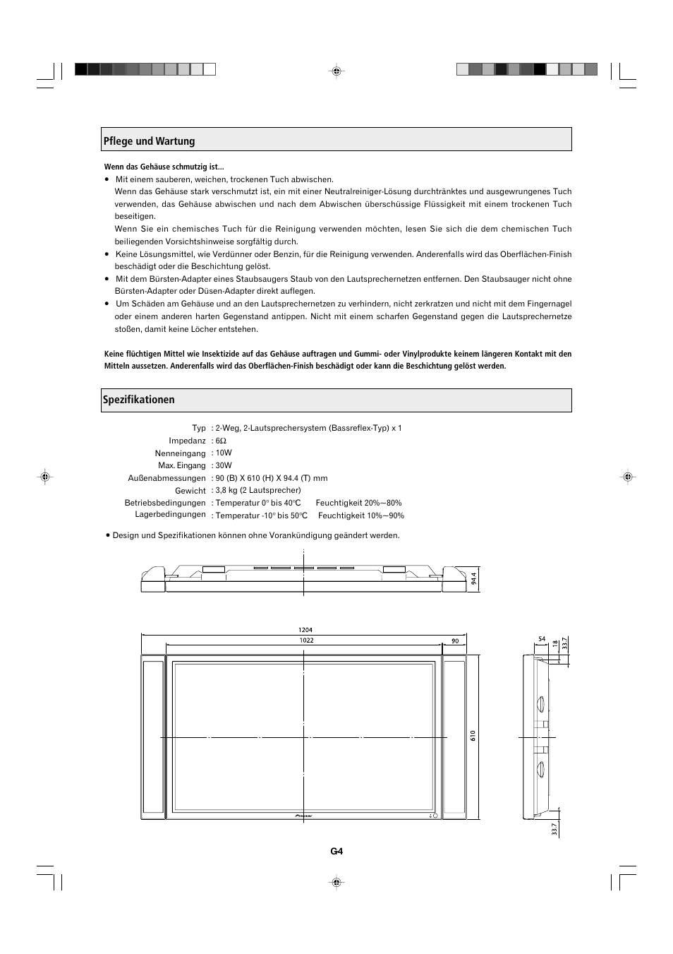 Pflege und wartung spezifikationen | Pioneer PDP-S44-LR User Manual | Page 18 / 31