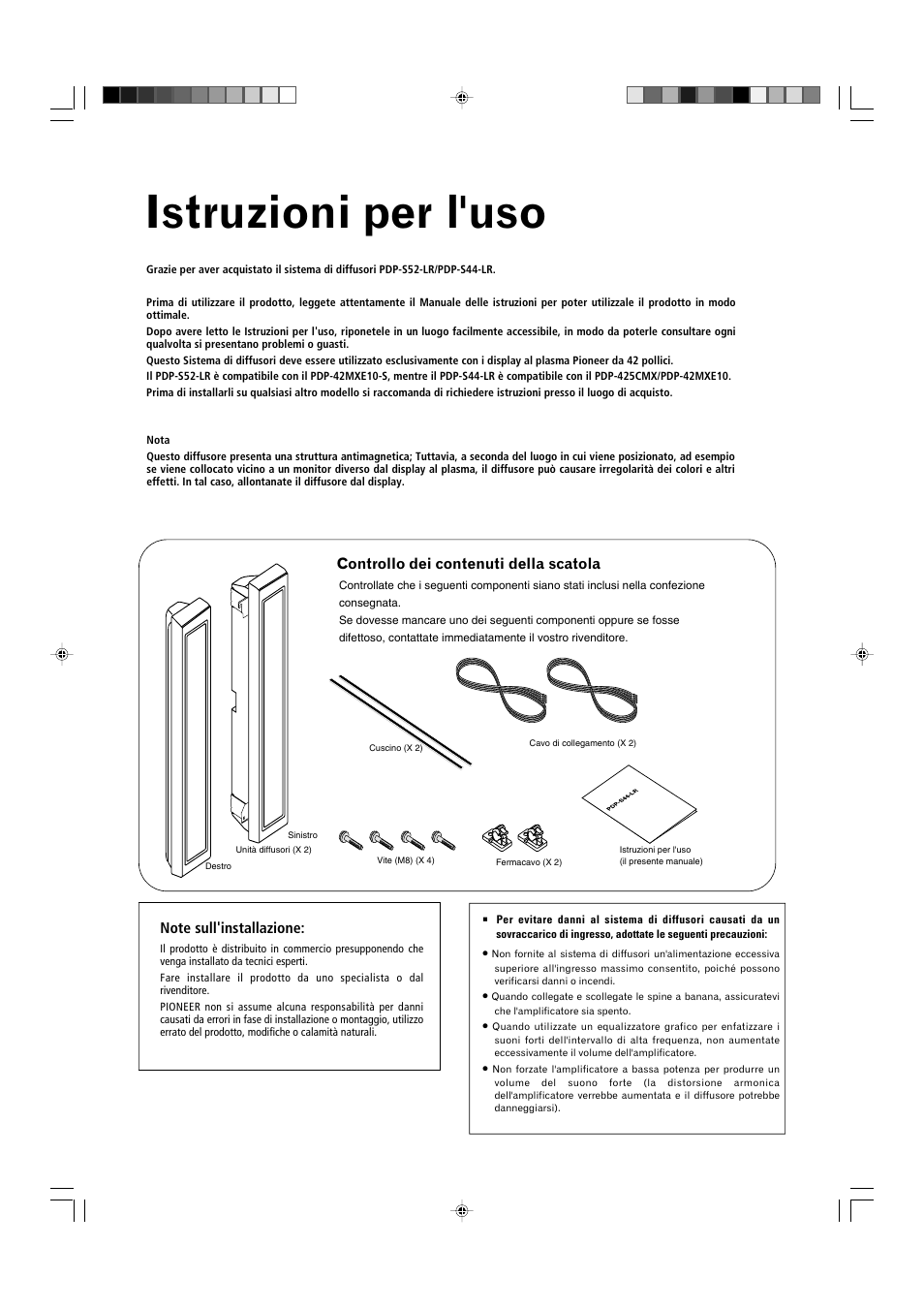 Istruzioni per l'uso, Controllo dei contenuti della scatola | Pioneer PDP-S44-LR User Manual | Page 19 / 31