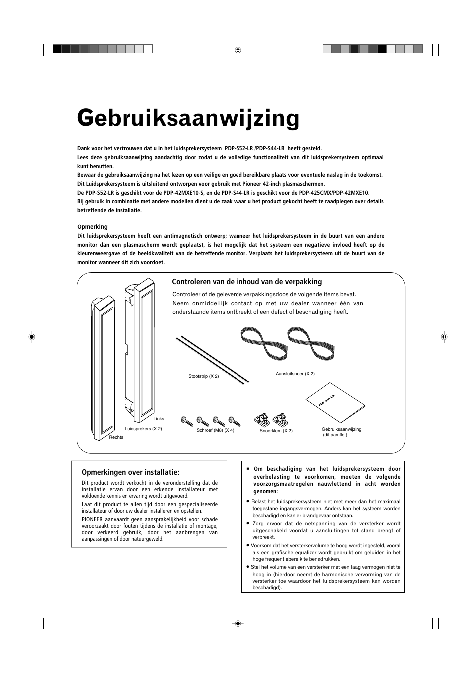 Gebruiksaanwijzing, Controleren van de inhoud van de verpakking, Opmerkingen over installatie | Pioneer PDP-S44-LR User Manual | Page 23 / 31