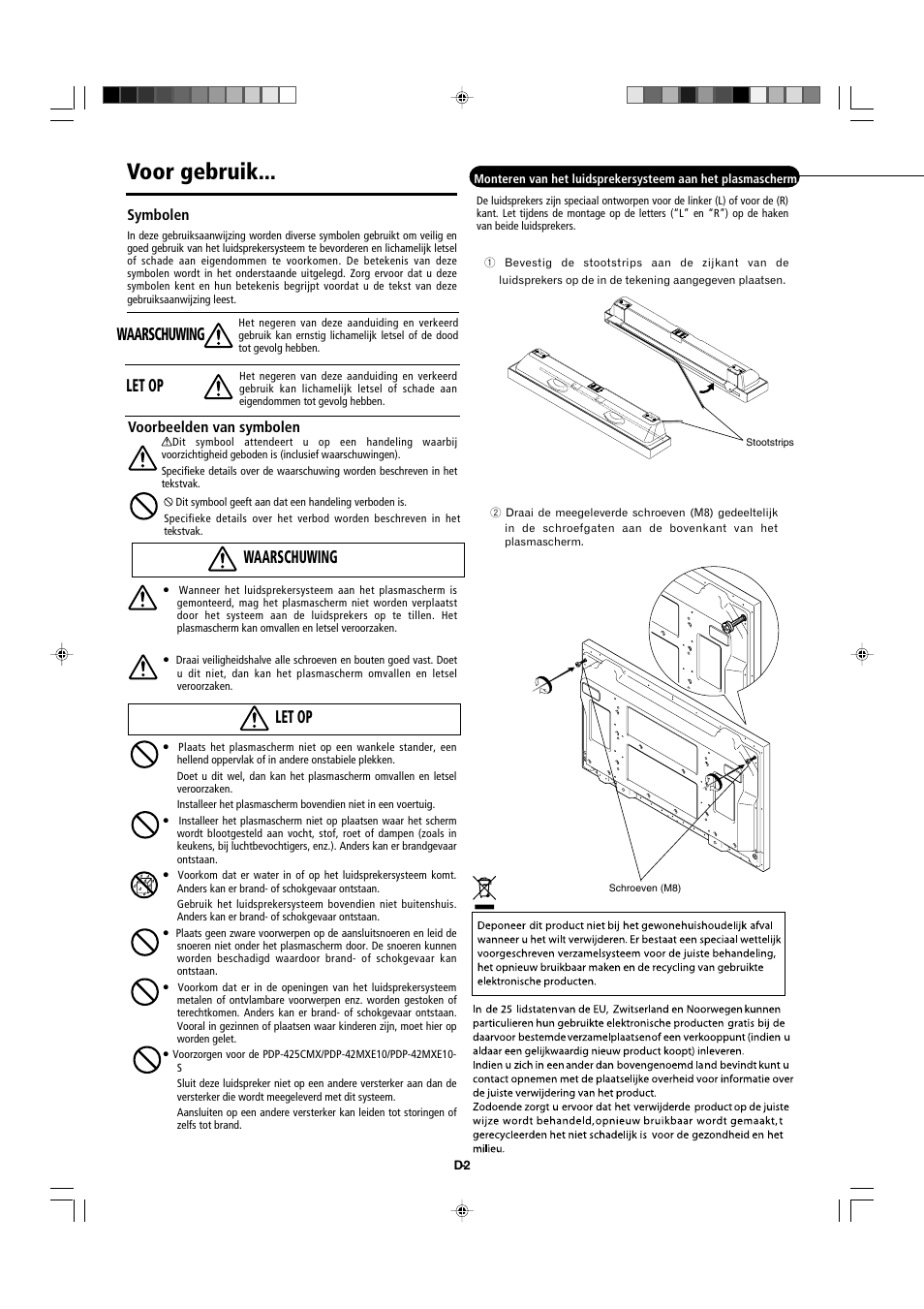 Voor gebruik, Waarschuwing, Let op | Pioneer PDP-S44-LR User Manual | Page 24 / 31