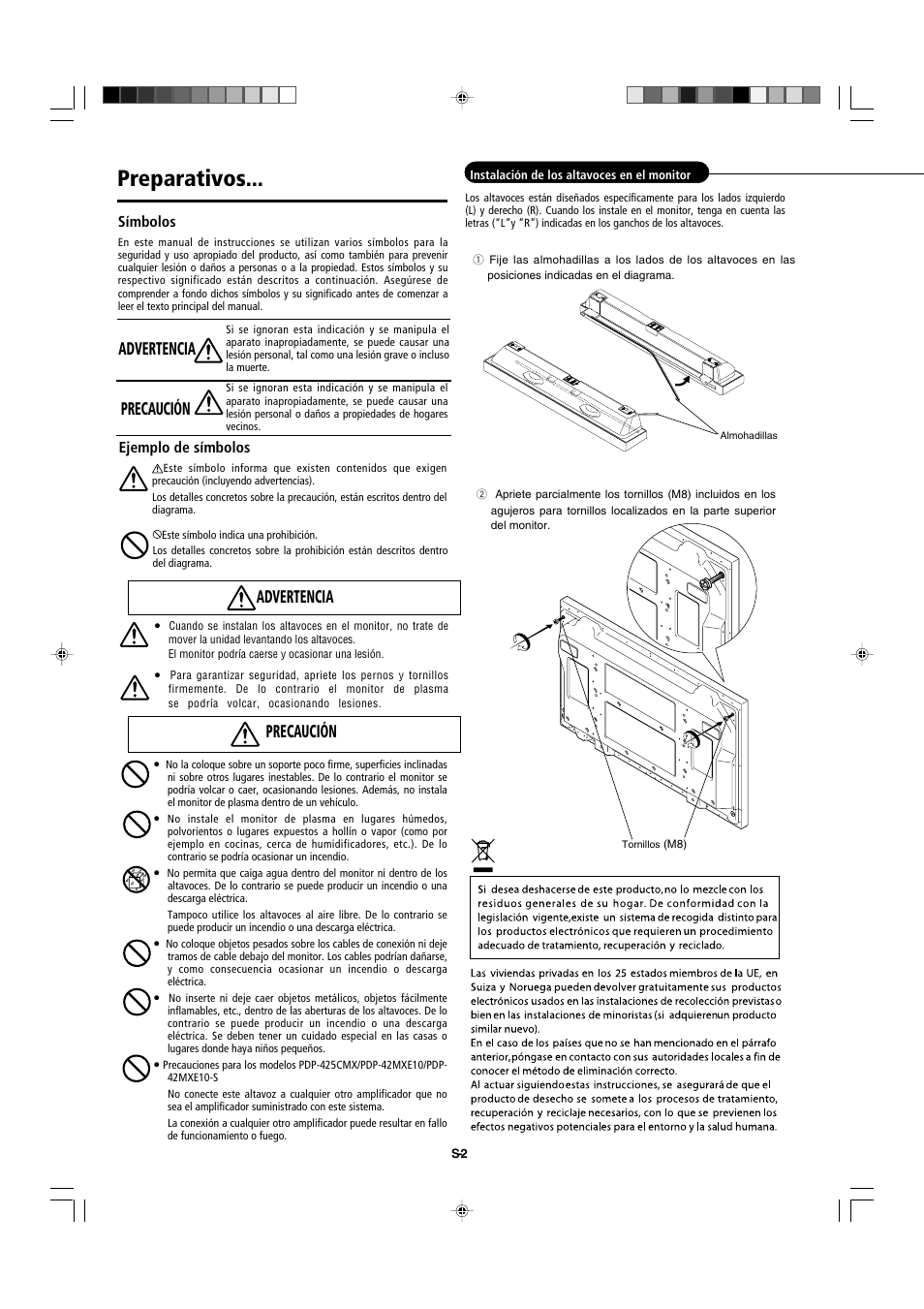Preparativos, Advertencia, Precaución | Pioneer PDP-S44-LR User Manual | Page 28 / 31