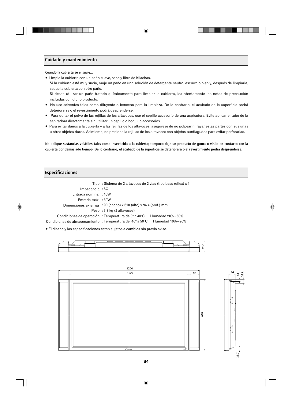 Cuidado y mantenimiento especificaciones | Pioneer PDP-S44-LR User Manual | Page 30 / 31