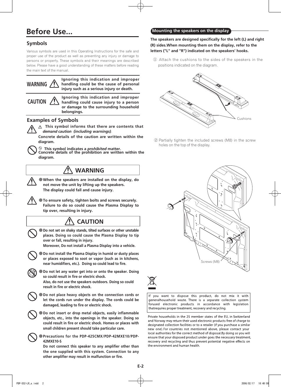 Before use, Warning, Caution | Pioneer PDP-S44-LR User Manual | Page 8 / 31