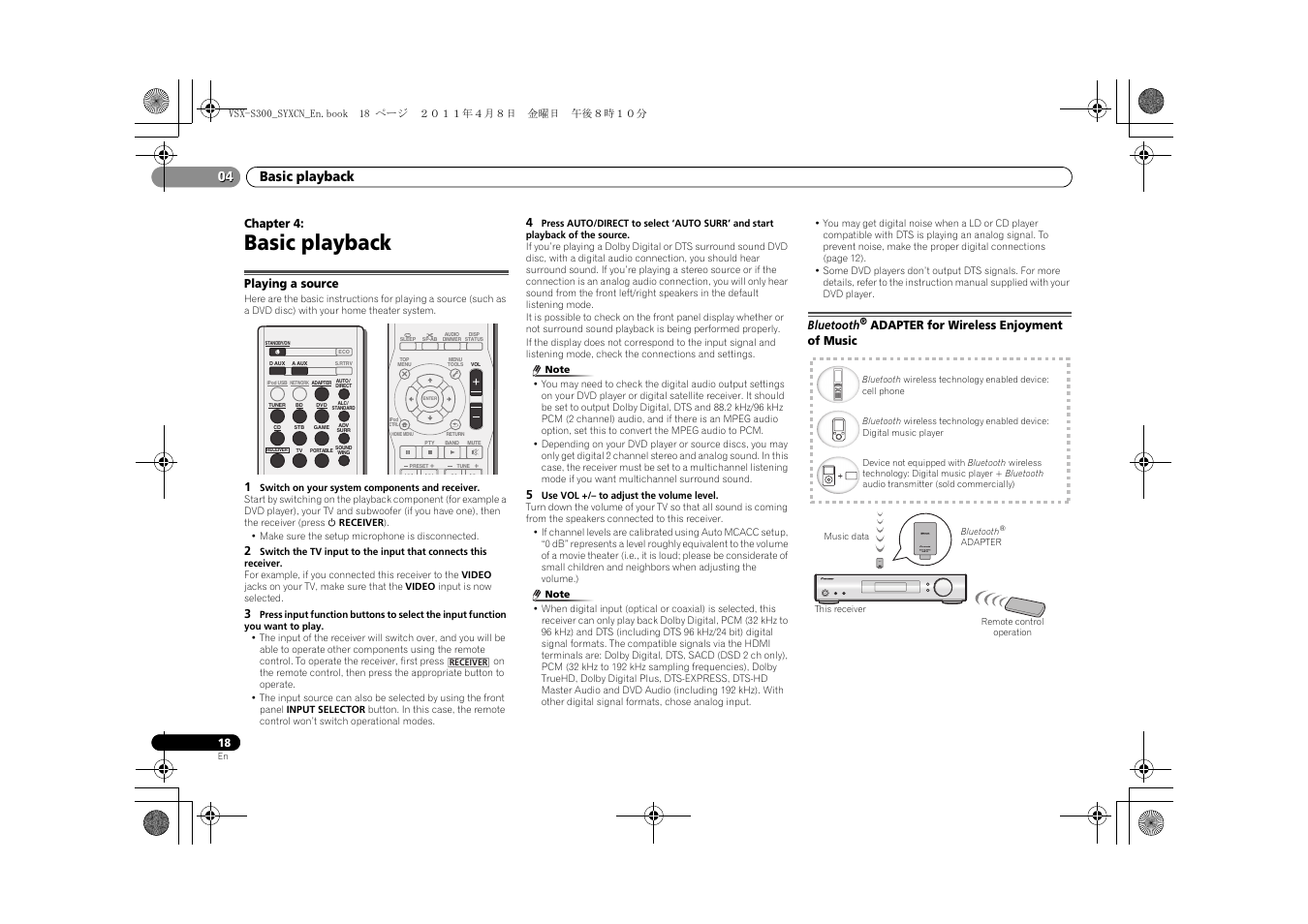Playing a source, Bluetooth, Adapter for wireless enjoyment of | Music, Basic playback, Basic playback 04 | Pioneer VSX-S300 User Manual | Page 18 / 36